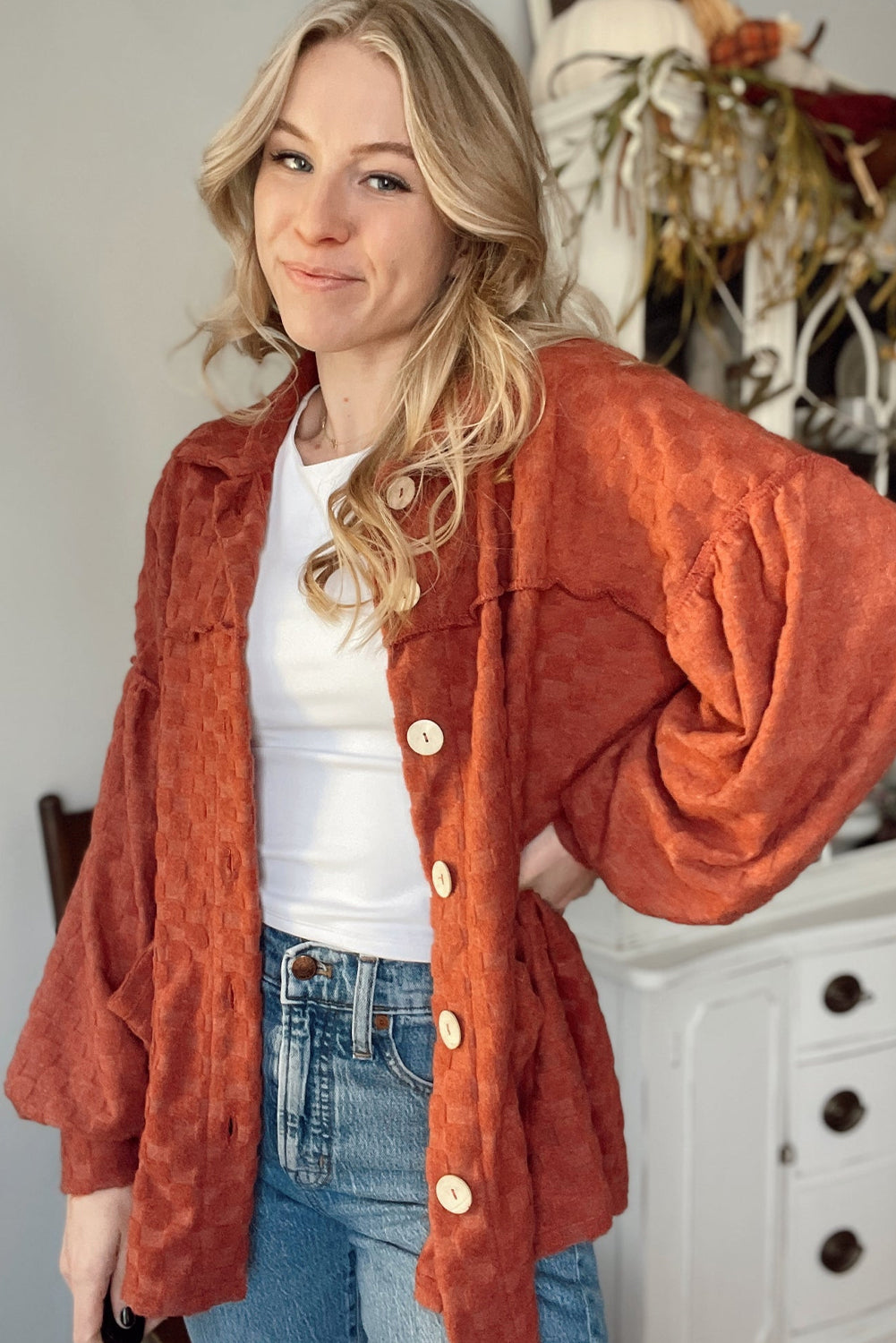 Gold Flame Exposed Seam Detail Cozy Plaid Texture Loose Shacket