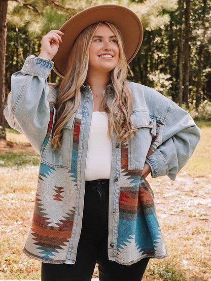 Sky Blue Denim Aztec Print Plus Size Shacket