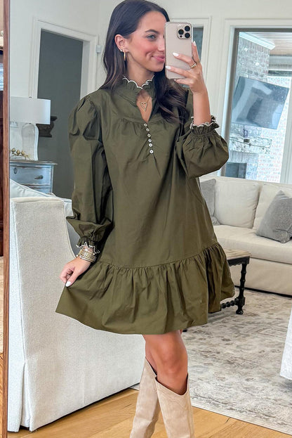 Jungle Green Ruffled Collar Buttoned Placket Shift Mini Dress