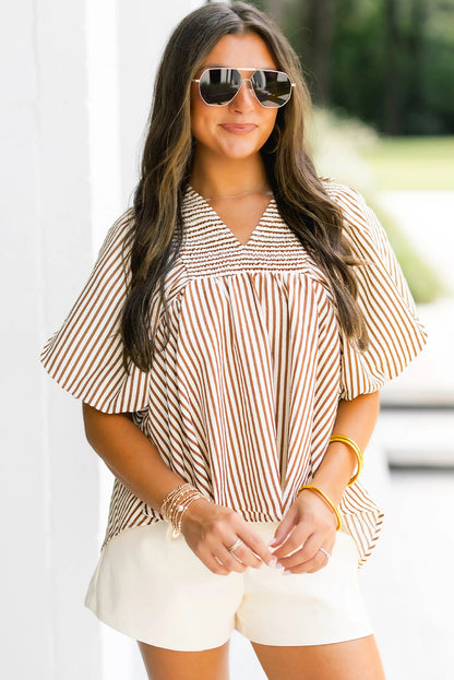 Brown Stripe Shirred V Neck Short Puff Sleeve Blouse