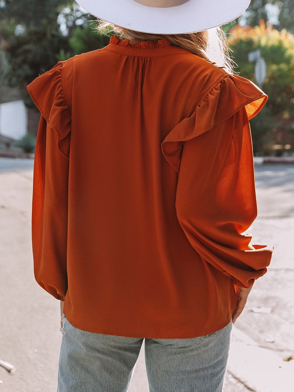 Elegant Brown V-Neck Ruffle Pleated Blouse