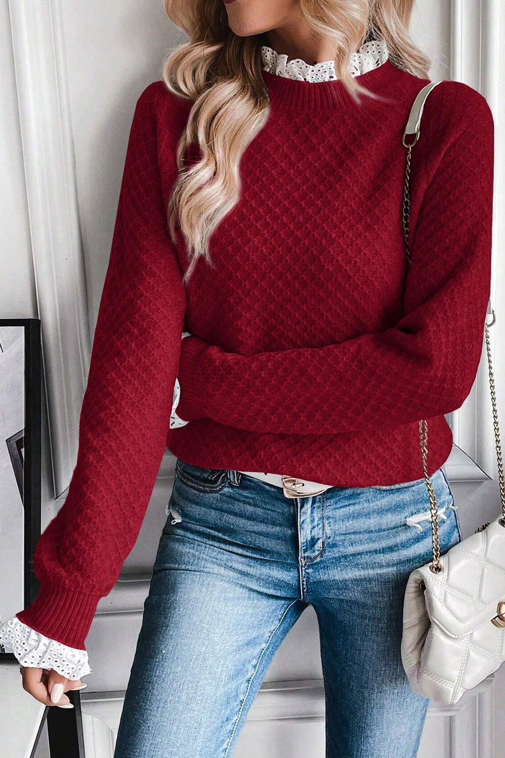 Burgundy  Contrast Lace Frilled Trim Raglan Sleeve Sweater