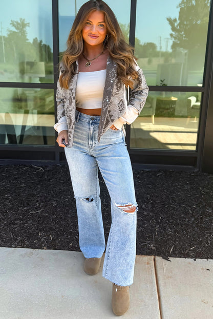 Gray Western Aztec Print Color Block Patchwork Drawstring Hooded Shacket