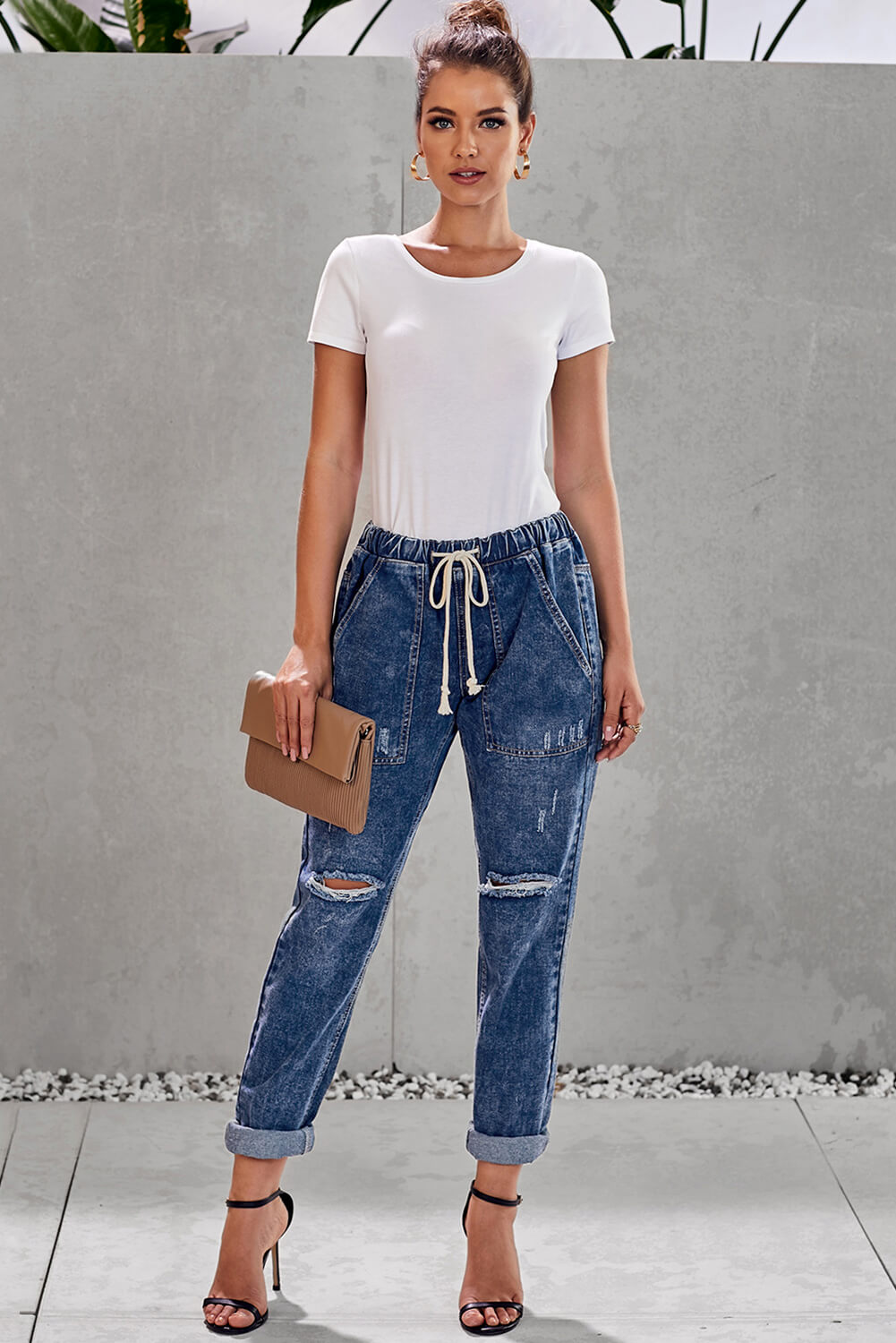 High Waist Raw Hem Ripped Skinny Casual Denim Jeans
