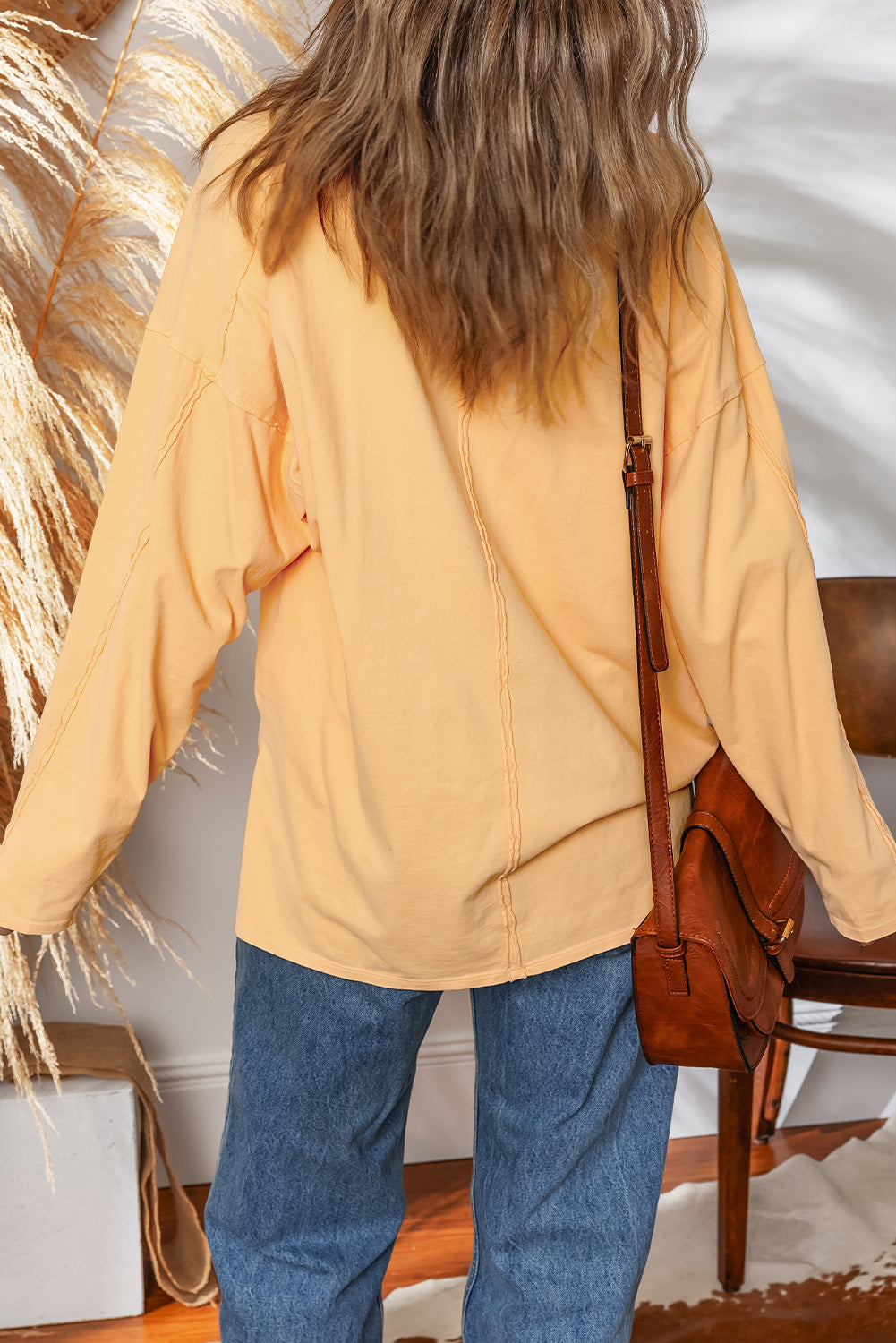 Yellow Cream Exposed Seam Patchwork Drop Shoulder Tunic Top with Slits