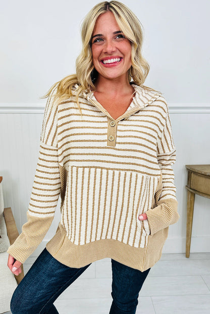Yellow Stripe Textured Contrast Ribbed Patchwork Button V Neck Hooded Top