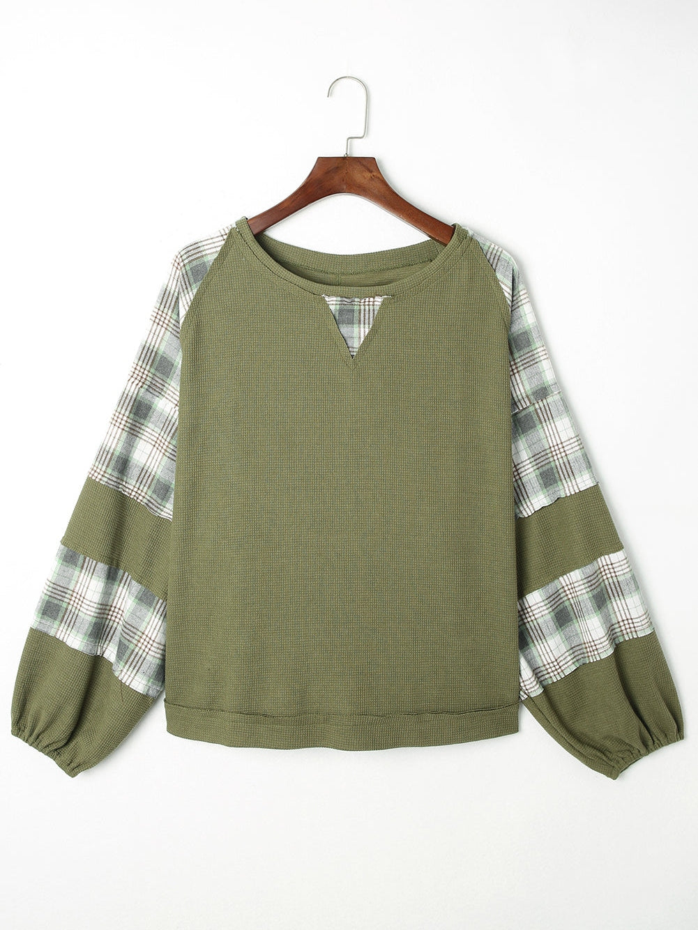 Green Plaid Bubble Sleeve Waffle Knit Patchwork Top