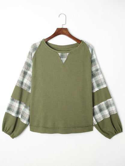 Green Plaid Bubble Sleeve Waffle Knit Patchwork Top