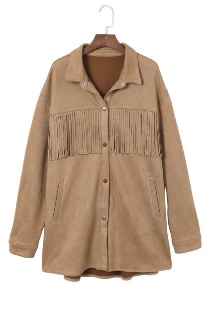 Khaki Suede Shacket with Fringe Detail for Plus Size Women
