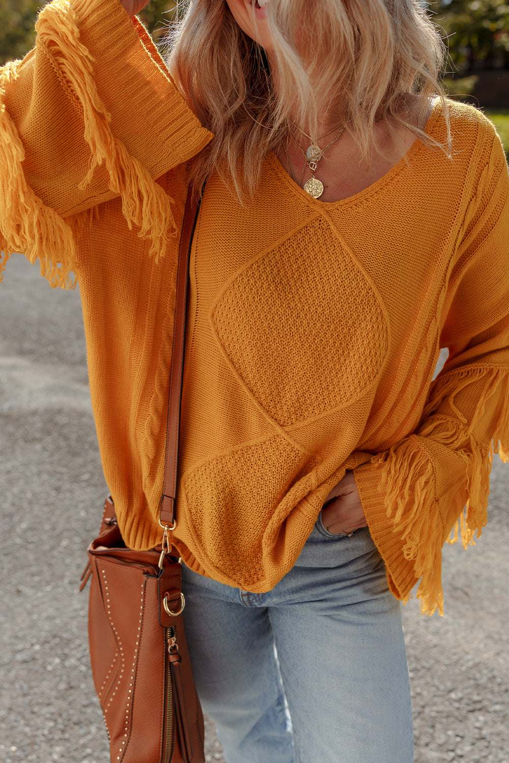 Jurassic Gold Pattern Knit Detail Fringe Trim Bell Sleeve Drop Shoulder Sweater