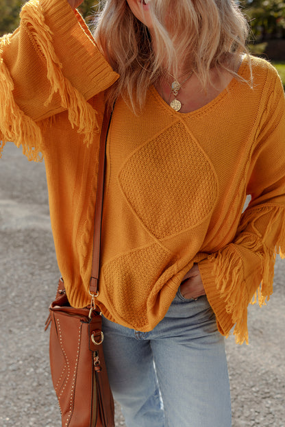 Jurassic Gold Pattern Knit Detail Fringe Trim Bell Sleeve Drop Shoulder Sweater