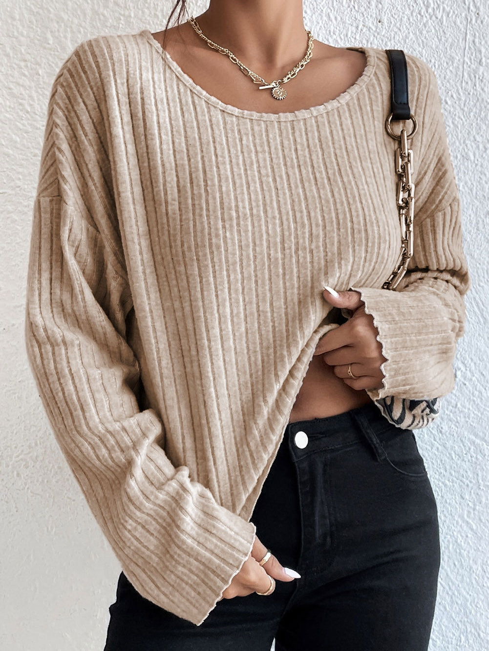 Beige Ribbed Knit Top with Lettuce Cuffs