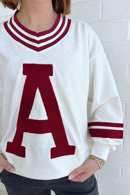 Red Dahlia Chenille Letter A Graphic Varsity Striped V Neck Puff Sleeve Sweatshirt