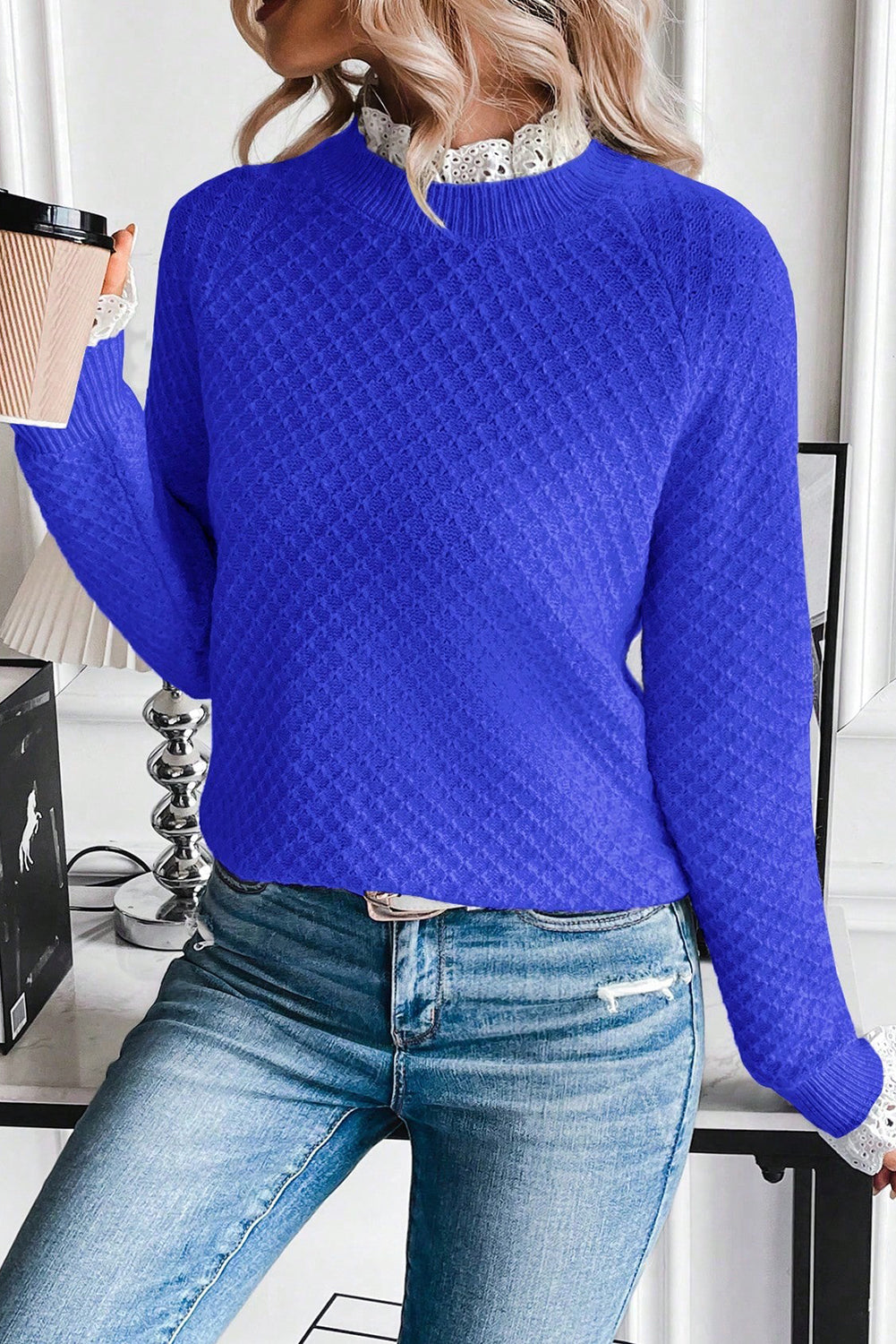 Dark Blue  Contrast Lace Frilled Trim Raglan Sleeve Sweater