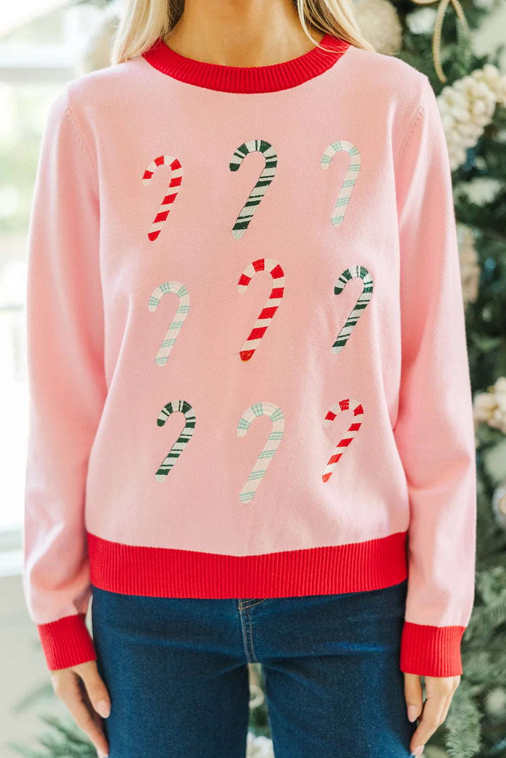 Gossamer Pink Color Block Trim Round Neck Candy Cane Embroidered Sweater