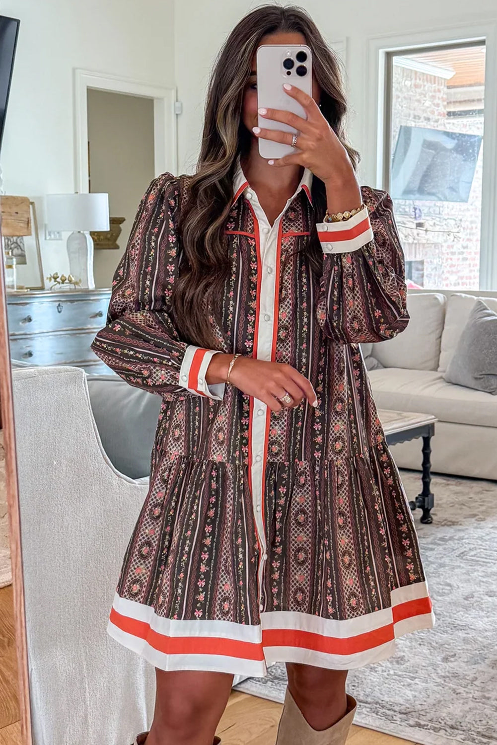 Brown Retro Floral Print Striped Color Block Patchwork Long Sleeve Shirt Dress