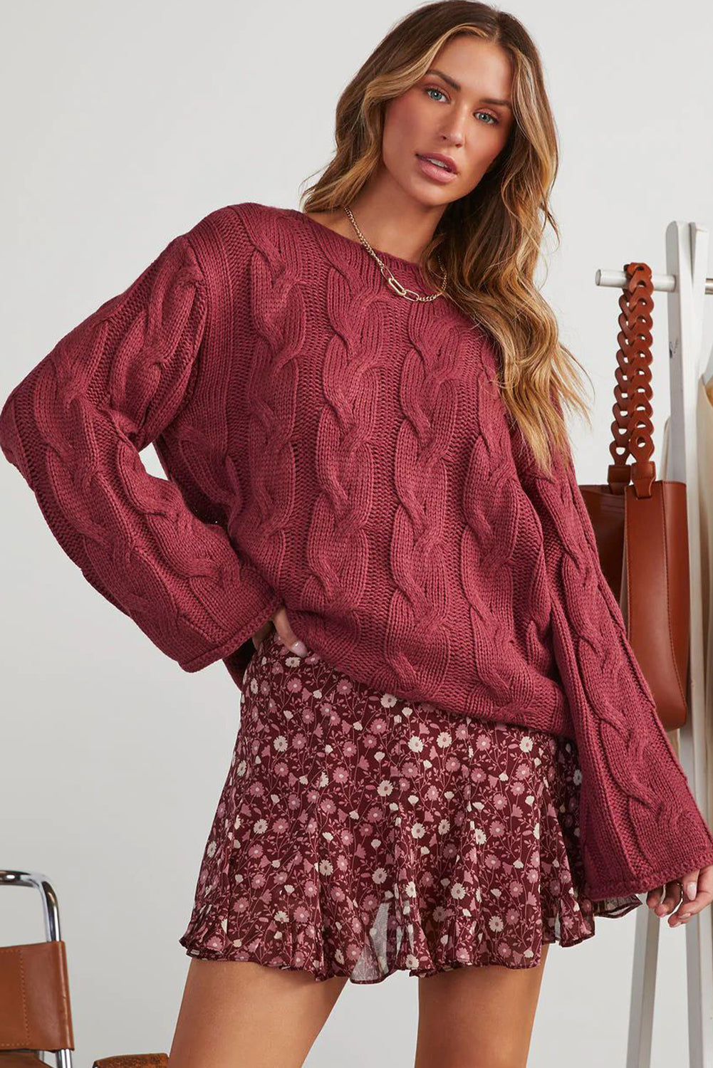 Mineral Red Round Neck Cable Knit Oversize Sweater