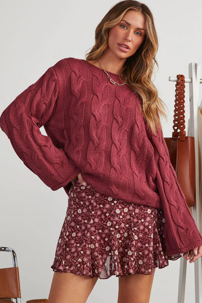 Mineral Red Round Neck Cable Knit Oversize Sweater