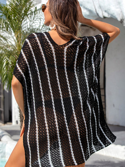 Beach Ready Black Striped Crochet V Neck Cover-Up