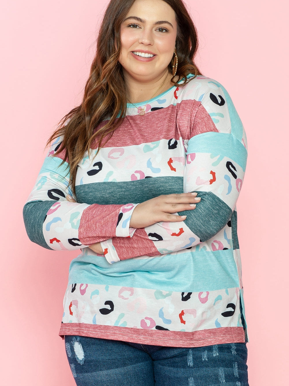 Stripe Colorblock Sky Blue Plus Size Pullover Top