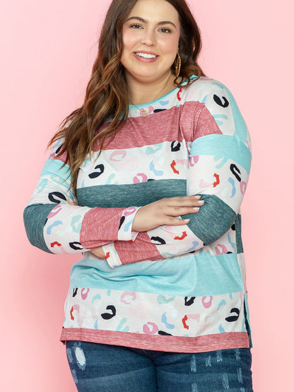 Stripe Colorblock Sky Blue Plus Size Pullover Top