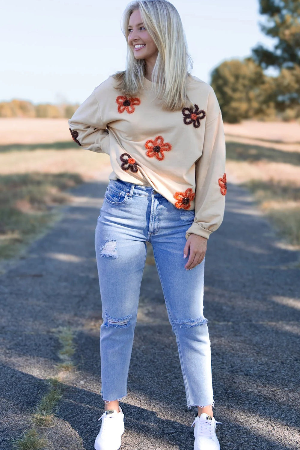 Jet Stream Tinsel Flower Decor Drop Shoulder Sweatshirt