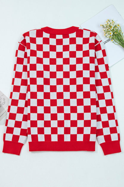 Red Checkered Christmas Tree Pattern Button V Neck Cardigan Sweater