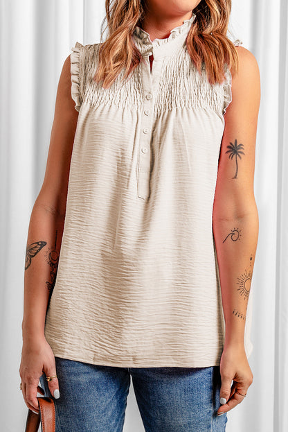 Apricot Frilled Sleeveless Top with Button Front Detail