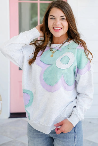 Light Grey Raw Seam Color Block Flower Patched Long Sleeve Top