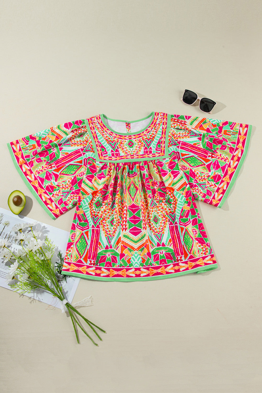 Green Bohemian Geometric Print Wide Sleeve Plus Size Blouse