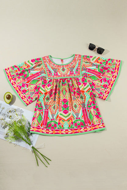 Green Bohemian Geometric Print Wide Sleeve Plus Size Blouse