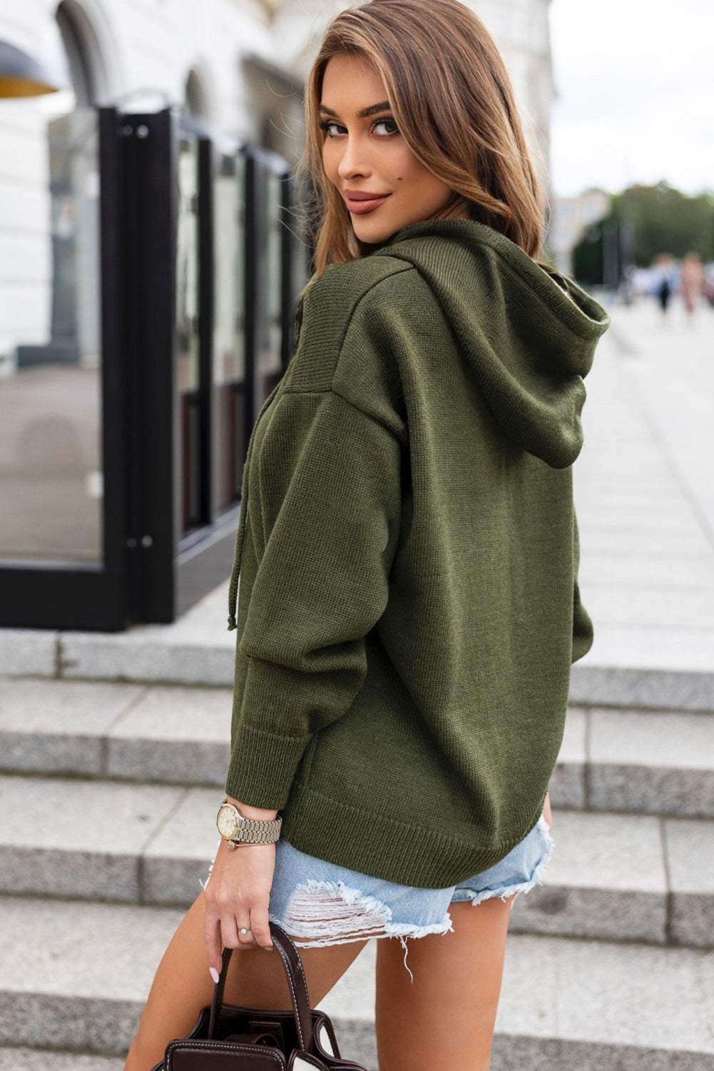 Four Leaf Clover Buttoned Front Hooded Loose Fit Cardigan