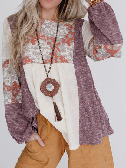 Floral Dream Bubble Sleeve Colorblock Knit Top