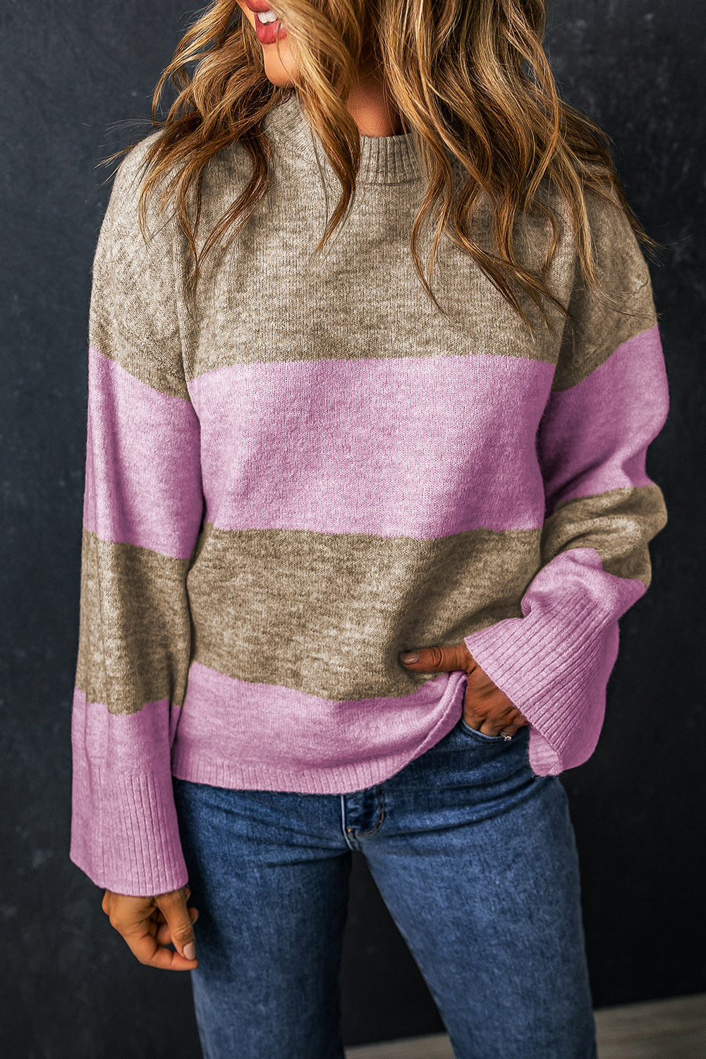 Elevate Pink Color Block Wide Sleeve Knit Sweater