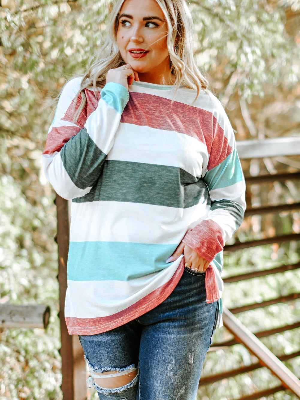 Green Striped Colorblock Shift Top for Curvy Women