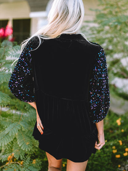 Elegant Black Velvet Peplum Shirt with Sequin Detail