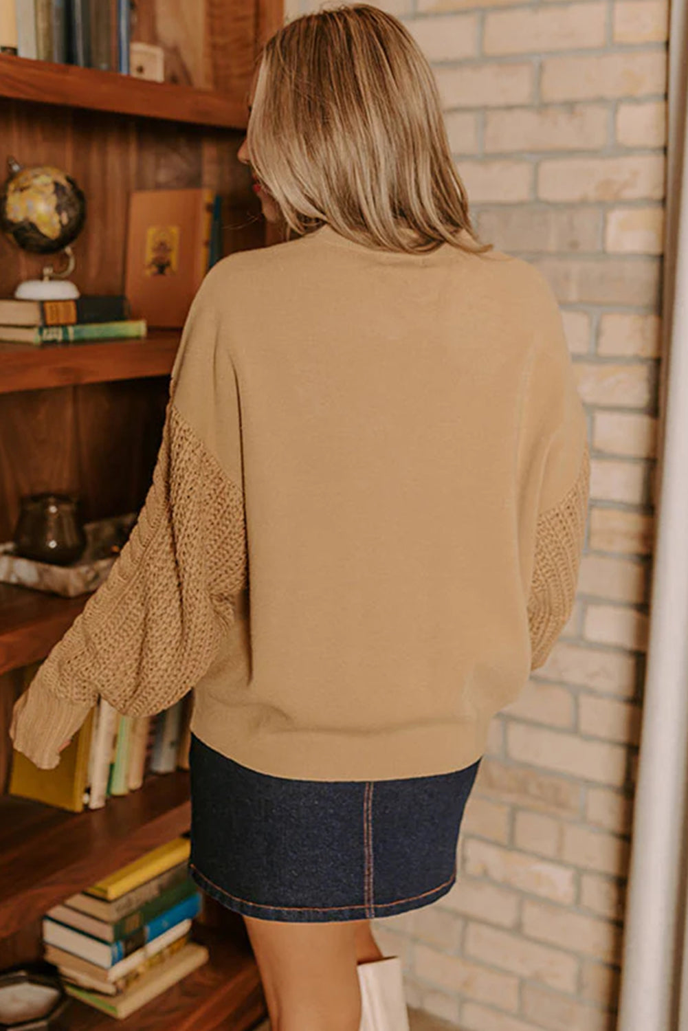 Camel Cable Knit Textured Patchwork Sleeve Slouchy Sweater