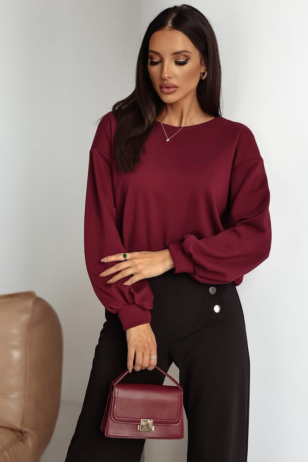 Burgundy Contrast Tied Hollow-out Back Drop Shoulder Round Neck Top
