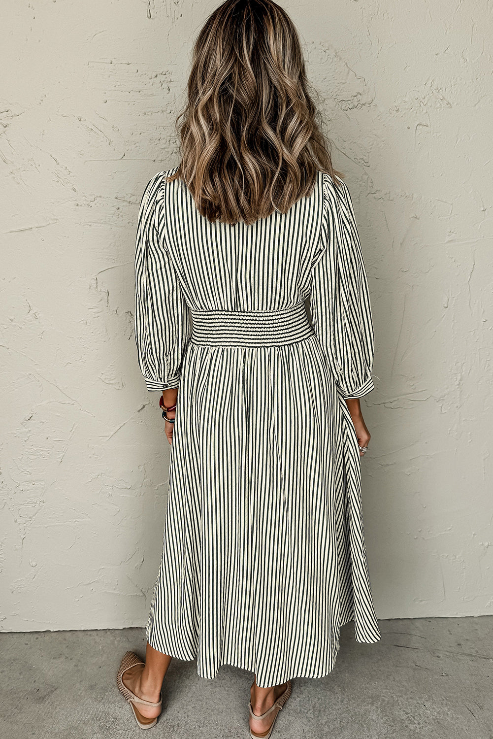 Black Stripe V Neck Zip Front Cinched High Waist Midi Dress