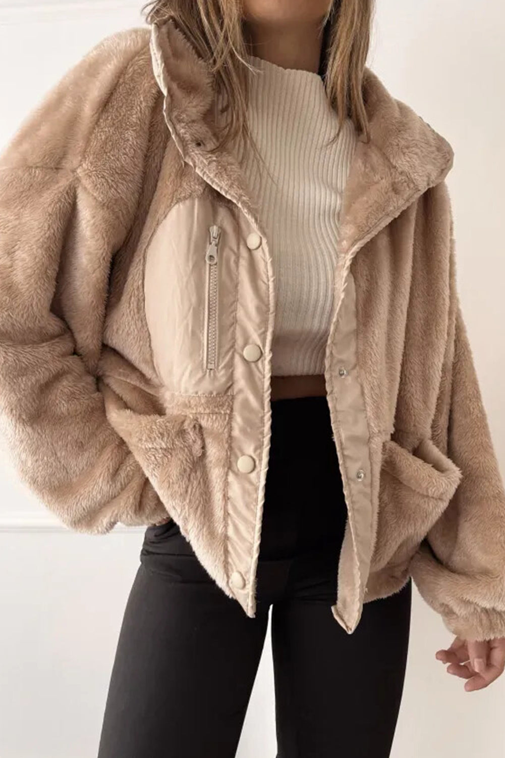 Smoke Gray Plush Color Block Patchwork Snap Button Pocketed Winter Jacket