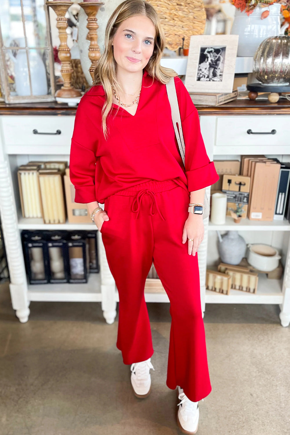 Fiery Red Polo Collar V Neck 3/4 Sleeve Pullover Drawstring Bell Bottom Pants 2pcs Set