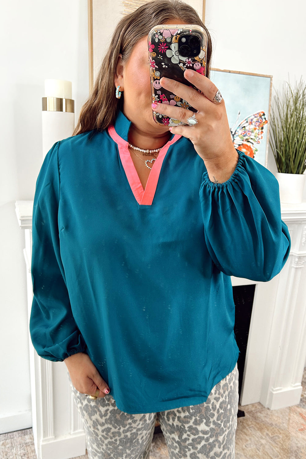 Blue Sapphire Contrast Trim Collar Split Neck Plus Size Long Sleeve Blouse