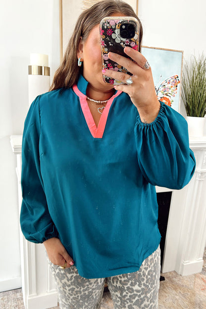Blue Sapphire Contrast Trim Collar Split Neck Plus Size Long Sleeve Blouse