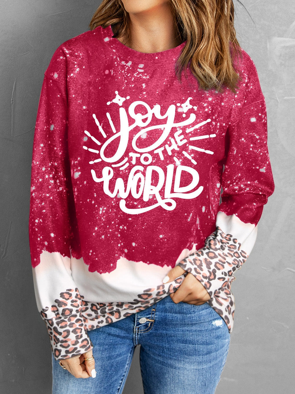 Joyful Leopard Print Red Loose Sweatshirt for Christmas Cheer