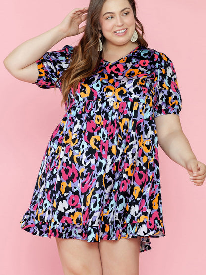 Purple Leopard Print V-Neck Plus Size Mini Dress with Ruffle Detail