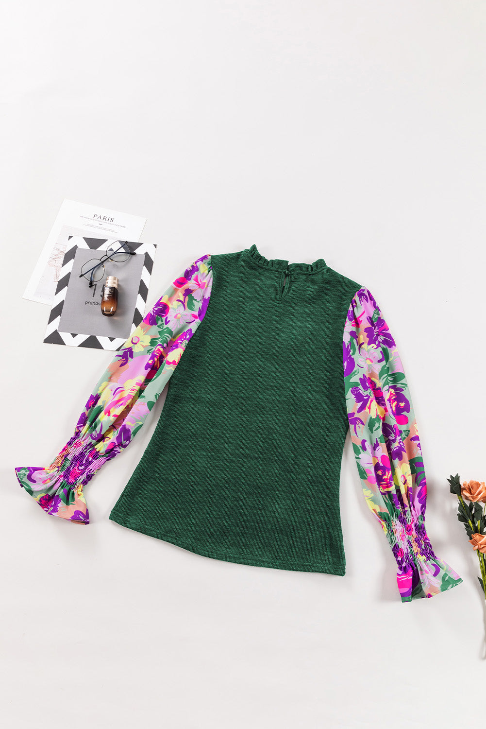 Green Floral Ribbed Frill Neck Long Sleeve Top with a Misty Twist