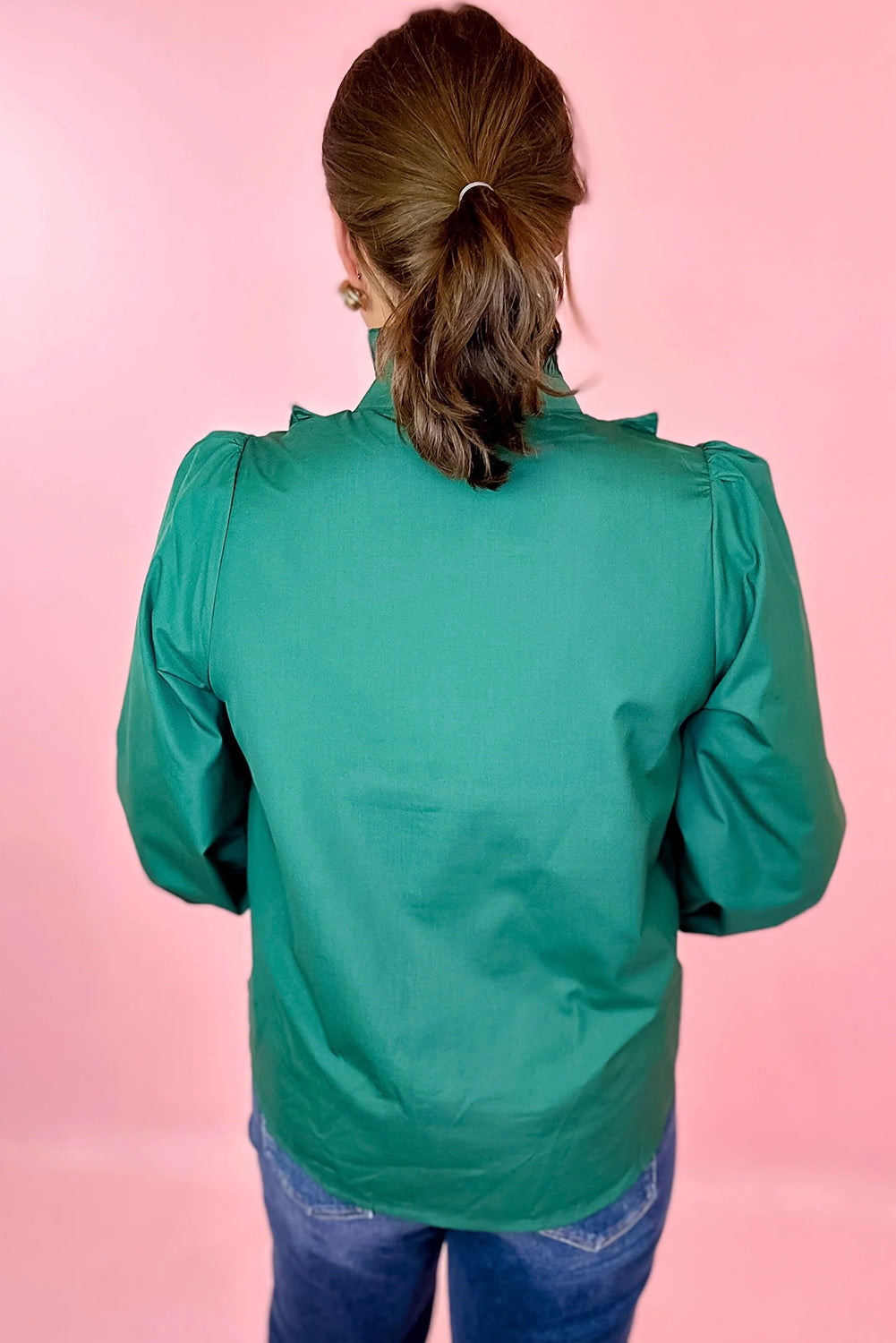 Evergreen Frilled Neckline Pintucked Half Placket Cuffed Blouse Top