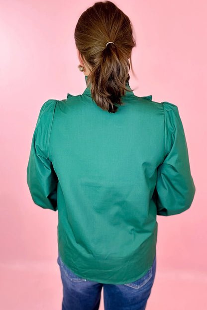 Evergreen Frilled Neckline Pintucked Half Placket Cuffed Blouse Top