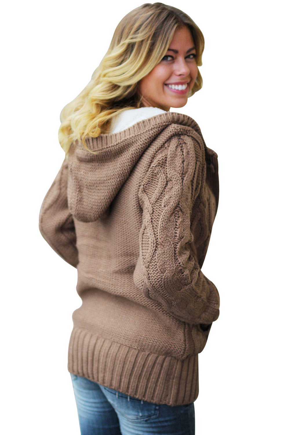 Brown Fur Hood Horn Button Sweater Cardigan