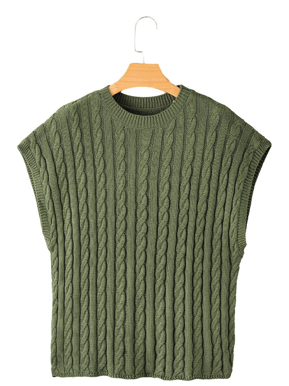 Green Jungle Cable Knit Short Sleeve Sweater with Crew Neck